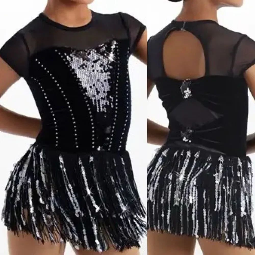 Weissman Dance costume black fringe velvet dress Could Have Been Me 14906 MA